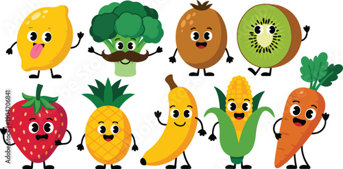 Cute Fruit and Vegetable Character Icon Set with Happy Food Mascots for Kids Education and Healthy Eating