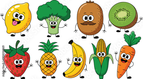 Cute Fruit and Vegetable Character Icon Set with Happy Food Mascots for Kids Education and Healthy Eating