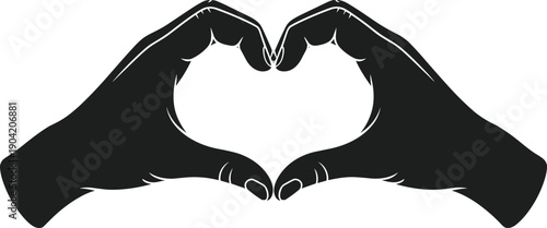 Black silhouette of two hands forming heart shape gesture, love symbol icon, unity affection illustration, romantic graphic art