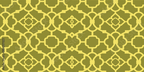 Golden yellow seamless  pattern with ornate repeating geometry. Decorative ornamental background ideal for wallpaper, textiles, packaging, and luxury surface design. 