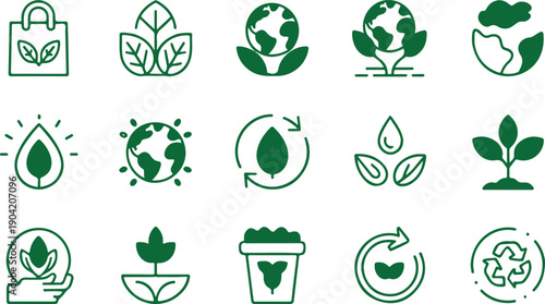 Eco Sustainability Line Icon Set with Recycling, Energy Saving, Green Technology, Earth Conservation, and Environmental Protection Symbols