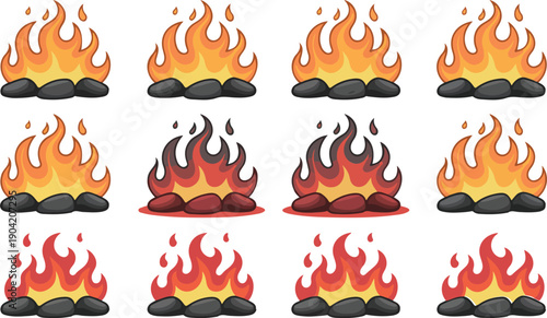 Burning Campfire Flames Collection Flat Vector Illustration Set Showing Fire, Heat, Bonfire, and Burning Rock Effects