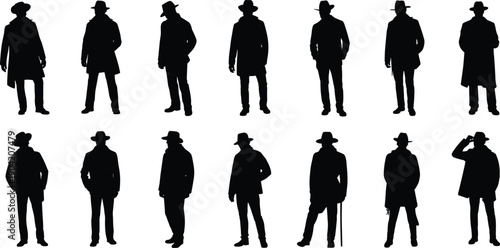 Black silhouettes of mysterious people in trench coats and wide‑brim hats, detective character poses, noir fashion illustration graphic
