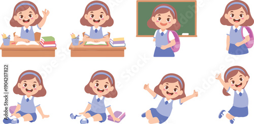 Cute Schoolgirl Raising Hand in Classroom and Studying at Desk Flat Vector Illustration Set