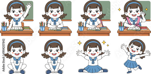 Cute Schoolgirl Raising Hand in Classroom and Studying at Desk Flat Vector Illustration Set