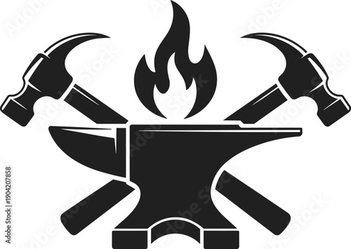 Blacksmith emblem silhouette with anvil, crossed hammers, rising flame icon, metalworking craft illustration, industrial heritage design graphic art