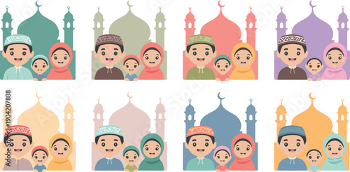 Cute Muslim Family Illustration Set with Parents and Children Standing Together, Mosque Backgrounds, and Islamic Holiday Elements
