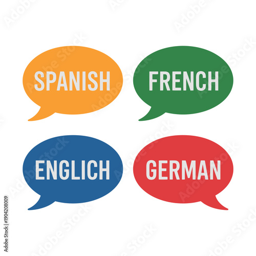 A colorful graphic illustration of speech bubbles in different languages