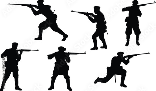Black soldier silhouettes with rifles, military combat stances, tactical army figures, warfare illustration, defense icon, battle training graphic