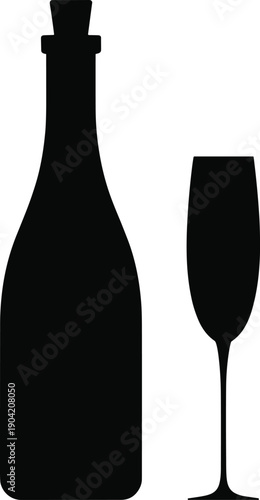 Black wine bottle and glass silhouettes, champagne flute icon, celebration drink design, dining illustration, party beverage graphic art