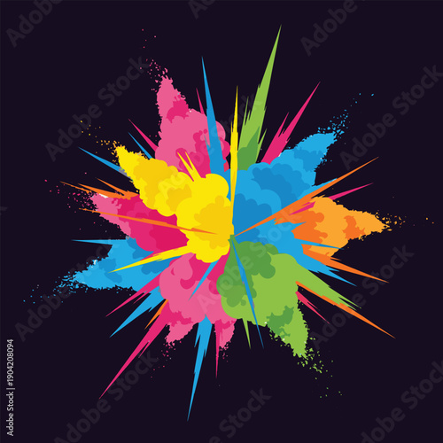 Vibrant explosion of colorful powder bursts in a dynamic abstract composition