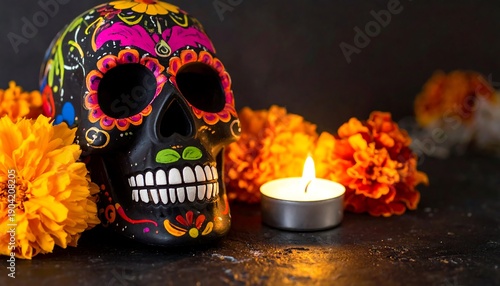 Day of the Dead Sugar Skull with Marigolds and Candle.