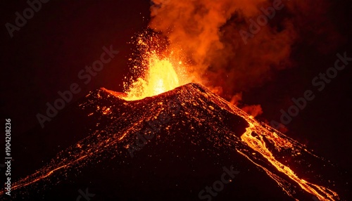 Volcano Eruption at Night, Lava Flowing Down Mountain.