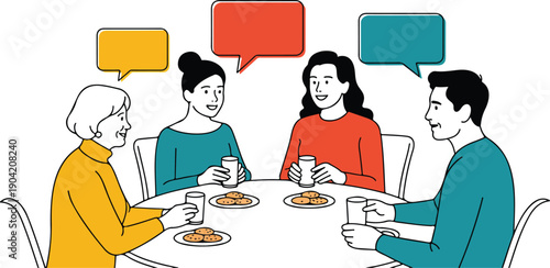 Group of Senior Friends Talking and Having Tea Together in a Café Vector Illustration