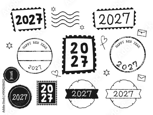 2027年の郵便スタンプ風のかわいい素材セット 白黒