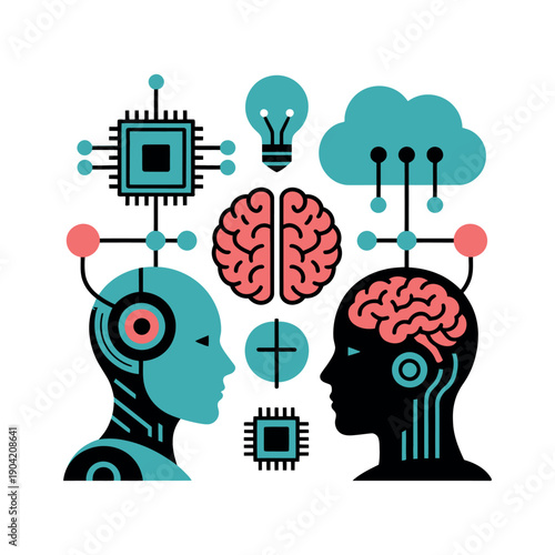 A futuristic illustration of human and artificial intelligence sharing ideas
