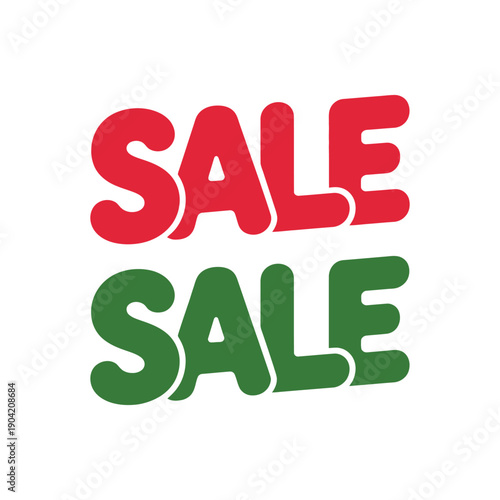 A colorful sale sign with red and green letters on white background