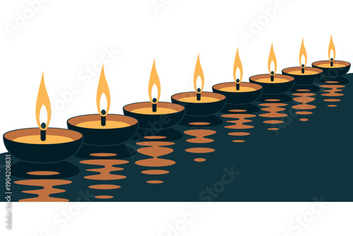 A serene arrangement of lit diya candles on water for Diwali celebration