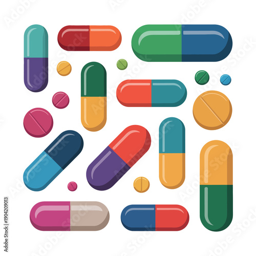 A colorful illustration of various pills and capsules on a white background