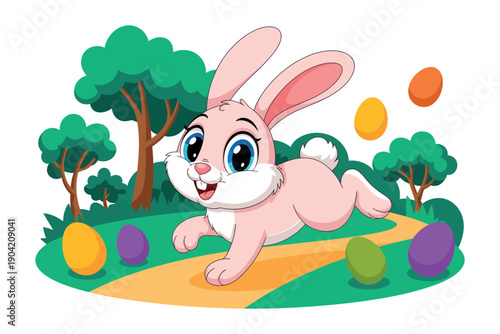 A cheerful cartoon Easter bunny running on a path with colorful eggs