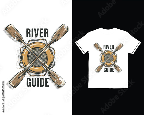 River guide t shirt design featuring crossed oars and a life preserver illustration