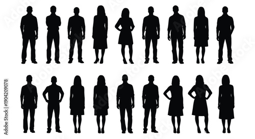 Collection of various standing male and female person silhouettes showcasing diverse body shapes and professional attire isolated against a bright white background for design use