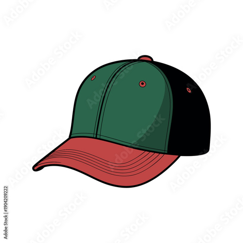 A colorful cartoon baseball cap with a green and red design