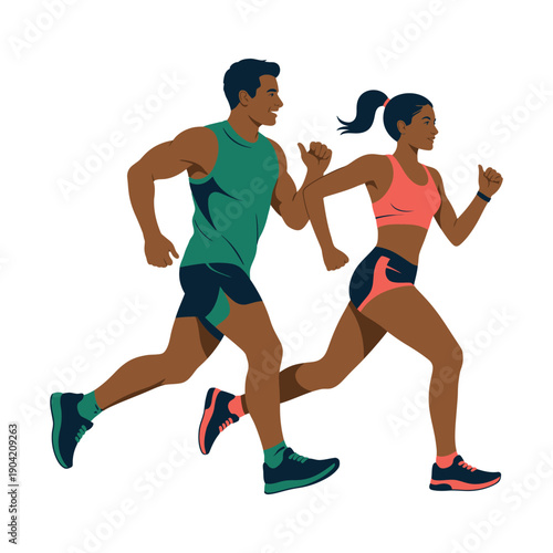 A man and woman jogging together in athletic wear outdoors