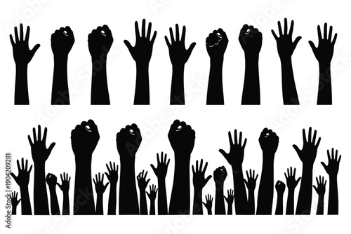 Silhouette of multiple hands raised in the air