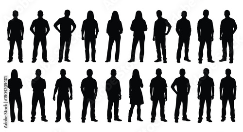 Collection of twenty diverse black silhouette figures showcasing various standing poses for men and women suitable for graphic design projects and concept visualization purposes