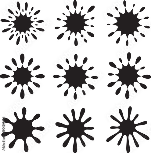 Eight black ink splatter shapes on white background