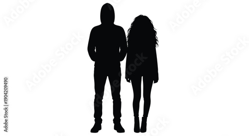Striking black silhouette illustration depicts a mysterious hooded male figure standing closely beside a female figure with long flowing curly hair against a stark white background.