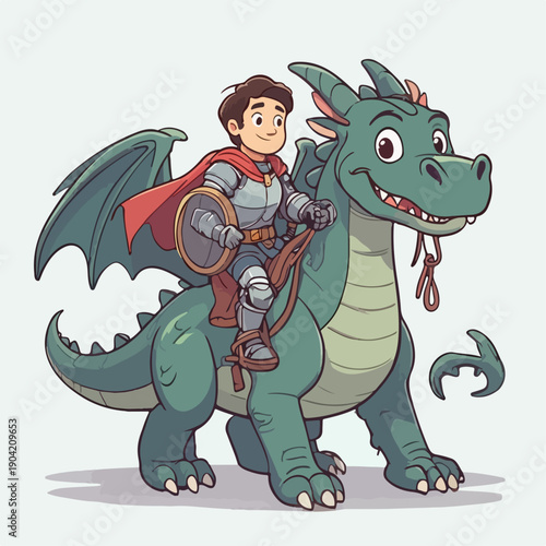 Cartoon vector illustration of a knight riding a dragon