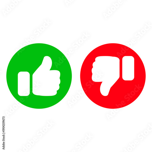 Green thumbs up and red thumbs down icons, approval and disapproval symbols for feedback, rating, or user interface design.
