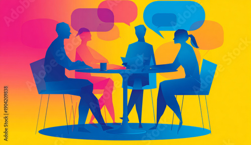 Silhouettes of three people engaging in a discussion around a round table with speech bubbles in a colorful gradient background