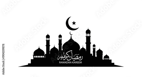 Ramadan Kareem greeting illustration with mosque silhouette and crescent moon star