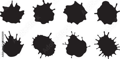 Eight black ink blots on white background