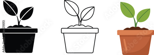Potted plant icon set, seedling in pot, houseplant vector, gardening symbol, green leaves, minimal design, black line and color illustration