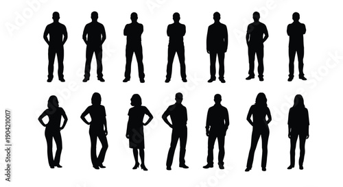 Collection of diverse male and female standing human figure silhouettes in various casual and business poses isolated on a white background for graphic design use