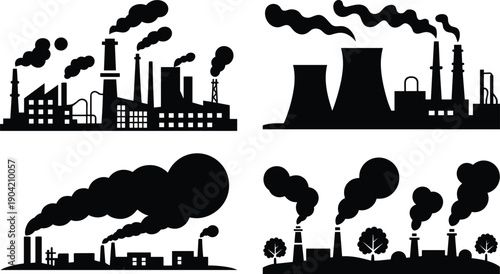 Black industrial factory silhouettes with smoke stacks and power plant icons set, vector illustration isolated on white background, pollution (18 words)