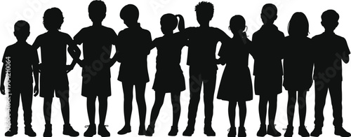 Black silhouettes of diverse group of children standing together, vector set isolated on white background, school kids community (18 words)