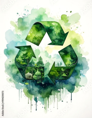 A watercolor painting featuring a recycled symbol. The symbol has a forest scene within it and is surrounded by abstract green paint splashes