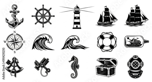 Nautical Icons Collection Vintage Style Marine Symbols.