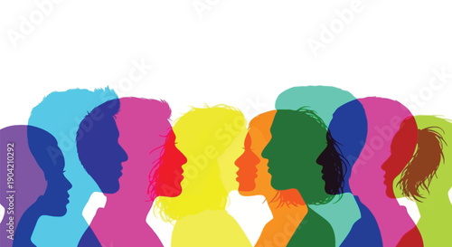 Diverse group of colorful overlapping human head silhouettes facing each other suggesting communication teamwork community and interconnected social concepts against a bright white background space