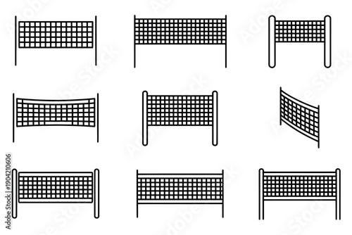 A collection of various volleyball net illustrations in different positions and angles.