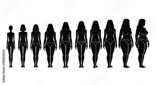 Black and white silhouettes of women illustrating various body types and weight loss progression from extremely thin to overweight figures for health concept