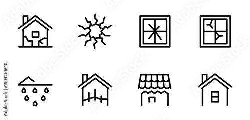 A set of black and white icons depicting various house and window damage