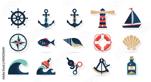 Nautical Icons Collection Vector Illustration Sea Theme.