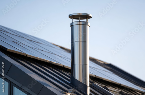 Sleek stainless steel chimney vent on modern building roof with solar panels, emphasizing contemporary architectural design and durable metal materials