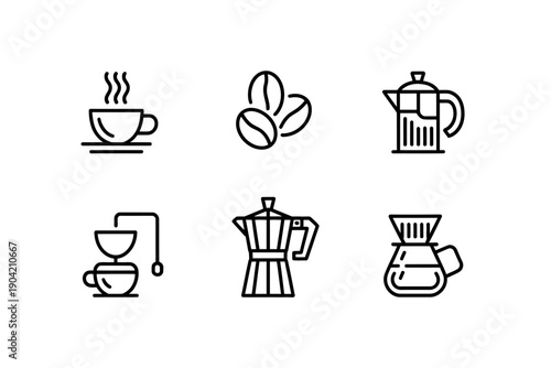 A set of coffee icons including cups and brewers on a white background